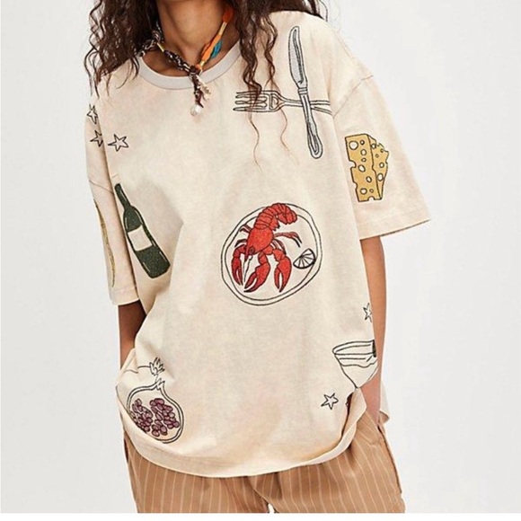 Free People Tops - NWT Free People Denim and Bone Embroidered Dinner Party Oversized Tshirt Small